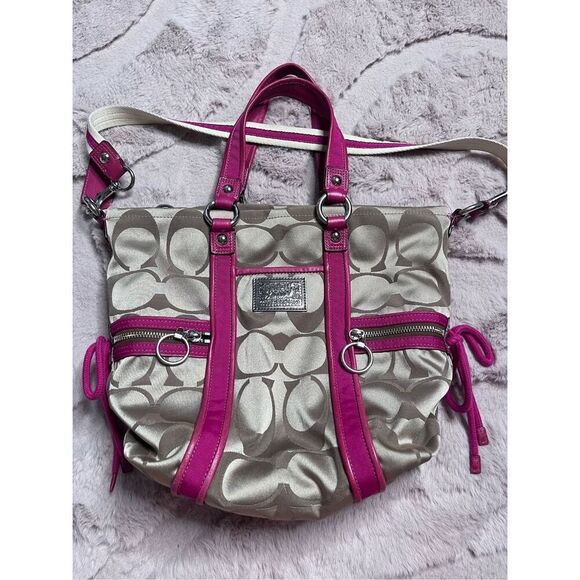 Coach Handbags - Coach Signature Poppy Canvas Contrast Trim Tote Shoulder Bag Beige Pink Large GU